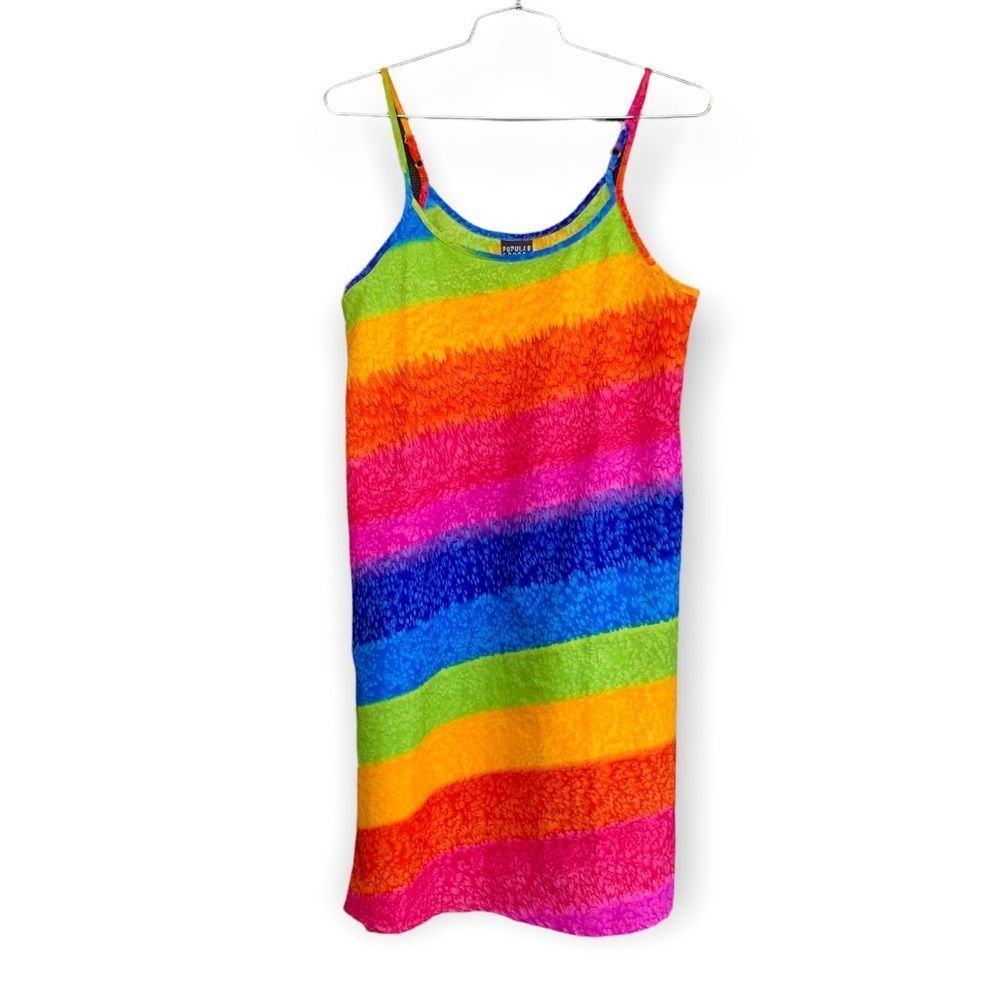 Vintage 90s Popular Sports Rainbow Slip Mini Dress Size XL